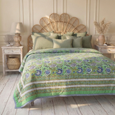 Green & Blue Floral Print Quilt/Throw Reversible Cotton Filled