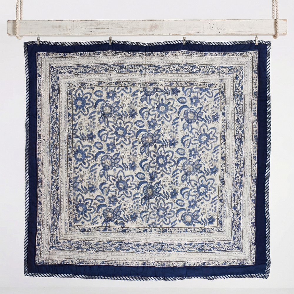 Royal Blue & White Floral Reverse Quilt/Throw Cotton Filled