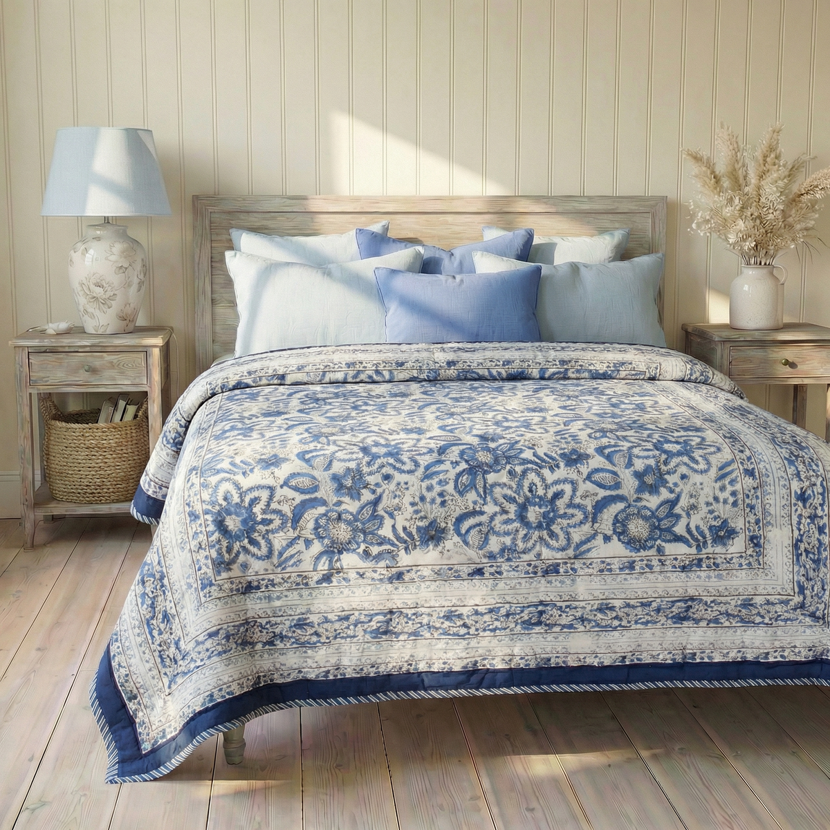 Royal Blue & White Floral Reverse Quilt/Throw Cotton Filled