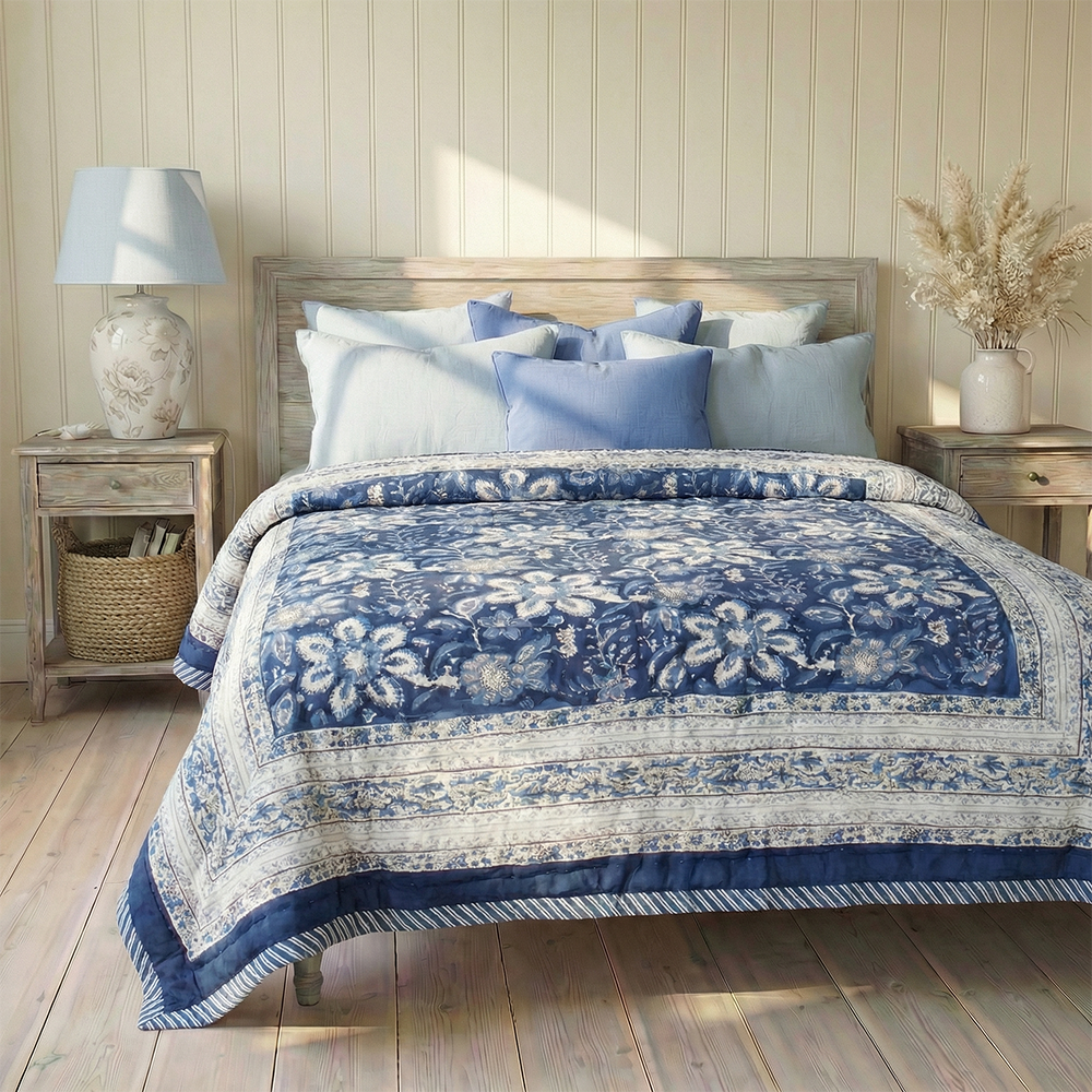 Royal Blue & White Floral Reverse Quilt/Throw Cotton Filled