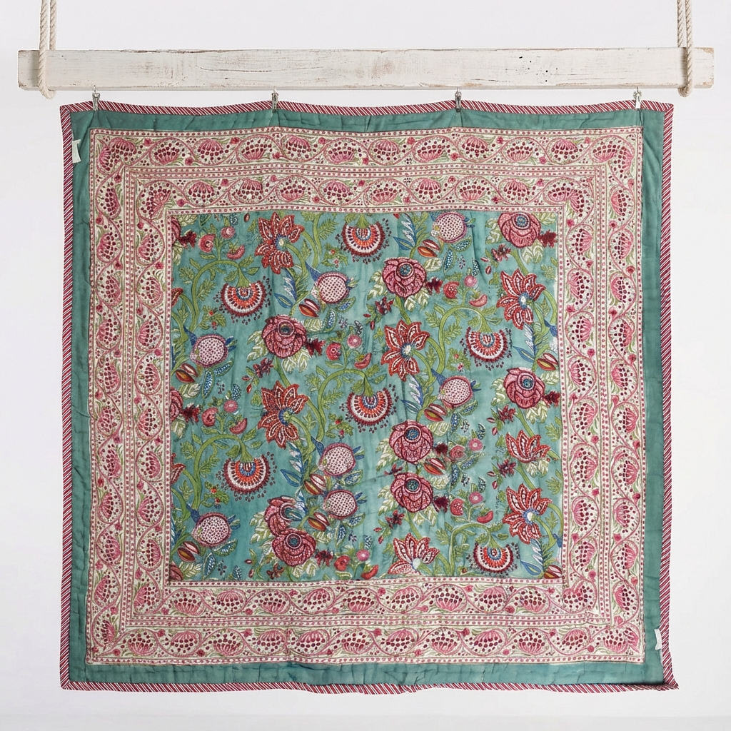 Turquoise, Burgundy & White Floral Print Reverse Quilt/Throw Cotton Filled