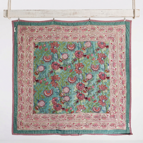 Turquoise, Burgundy & White Floral Print Reverse Quilt/Throw Cotton Filled