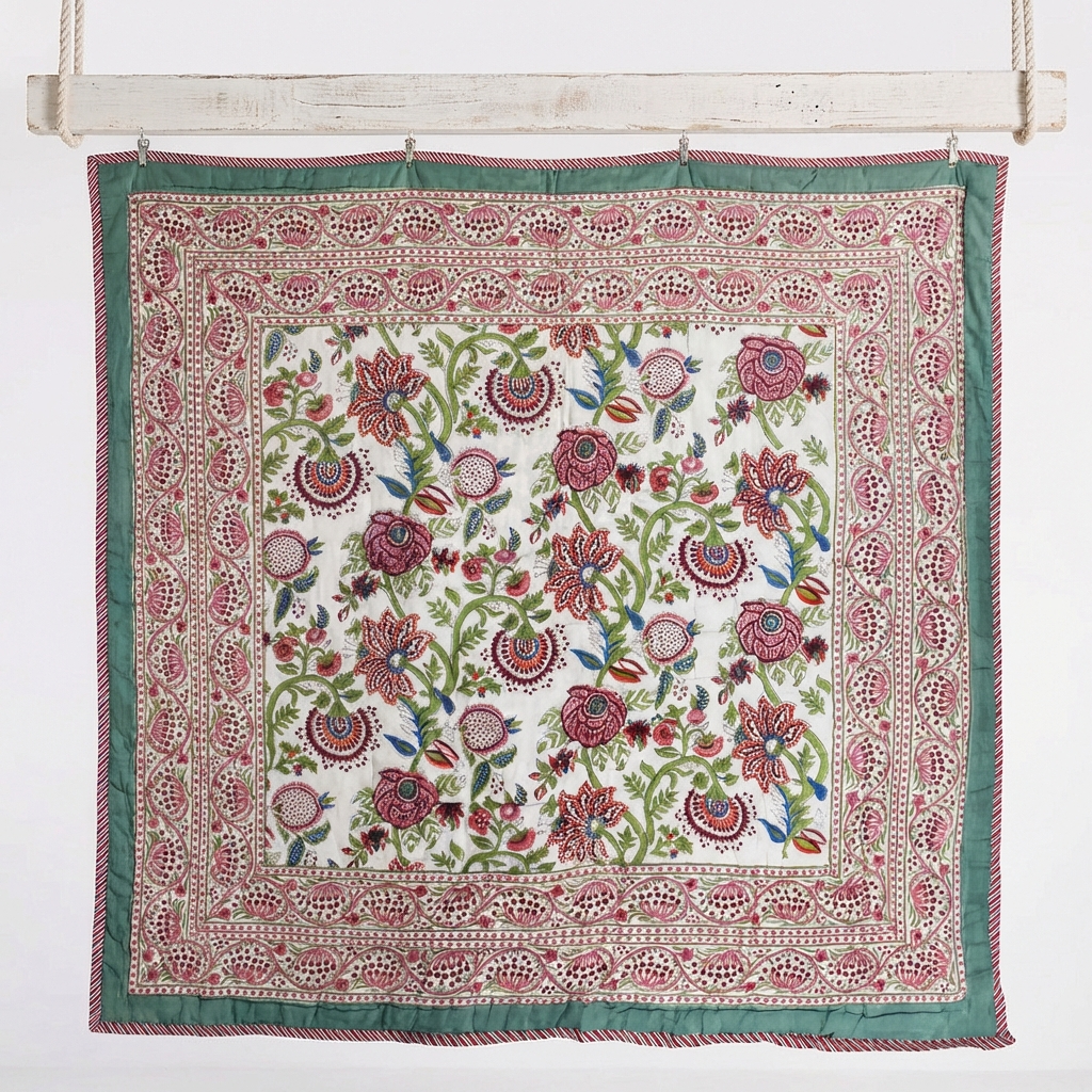 Turquoise, Burgundy & White Floral Print Reverse Quilt/Throw Cotton Filled