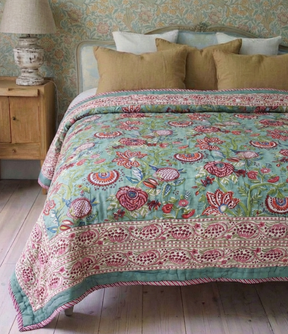 Turquoise, Burgundy & White Floral Print Reverse Quilt/Throw Cotton Filled