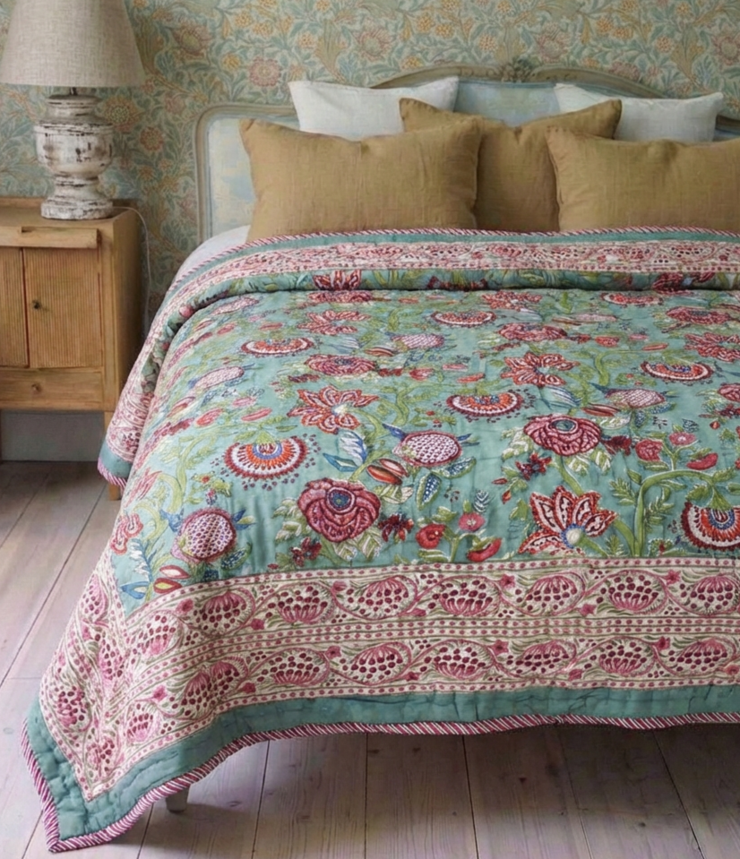 Turquoise, Burgundy & White Floral Print Reverse Quilt/Throw Cotton Filled