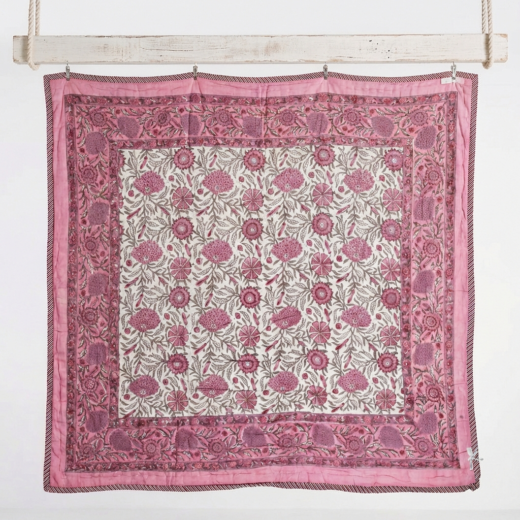 Dark Rose and Cream Floral Print Reverse Quilt/Throw Cotton Filled