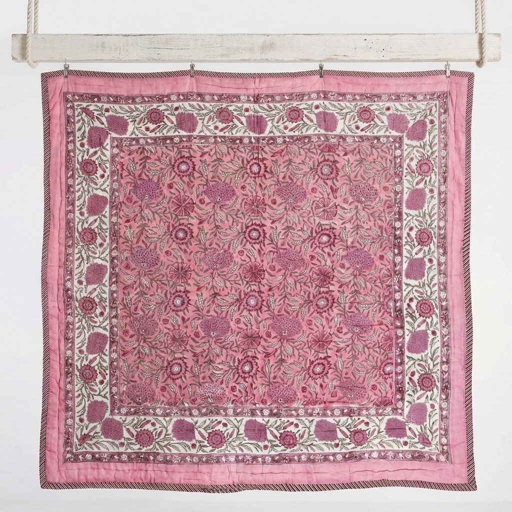 Dark Rose and Cream Floral Print Reverse Quilt/Throw Cotton Filled