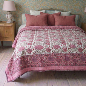 Dark Rose and Cream Floral Print Reverse Quilt/Throw Cotton Filled