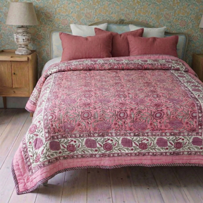 Dark Rose and Cream Floral Print Reverse Quilt/Throw Cotton Filled