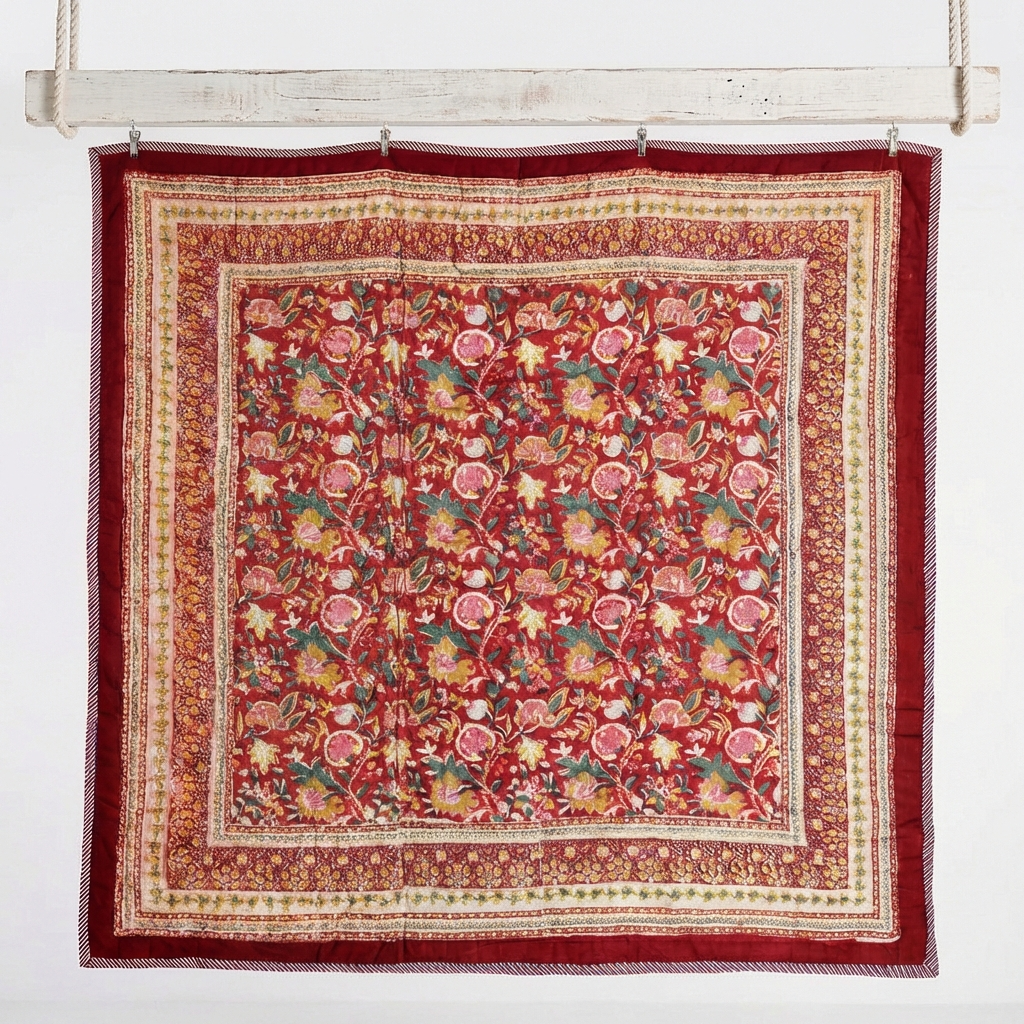 Dark Red, Green & Mustard Floral Print Reverse Quilt/Throw Cotton Filled