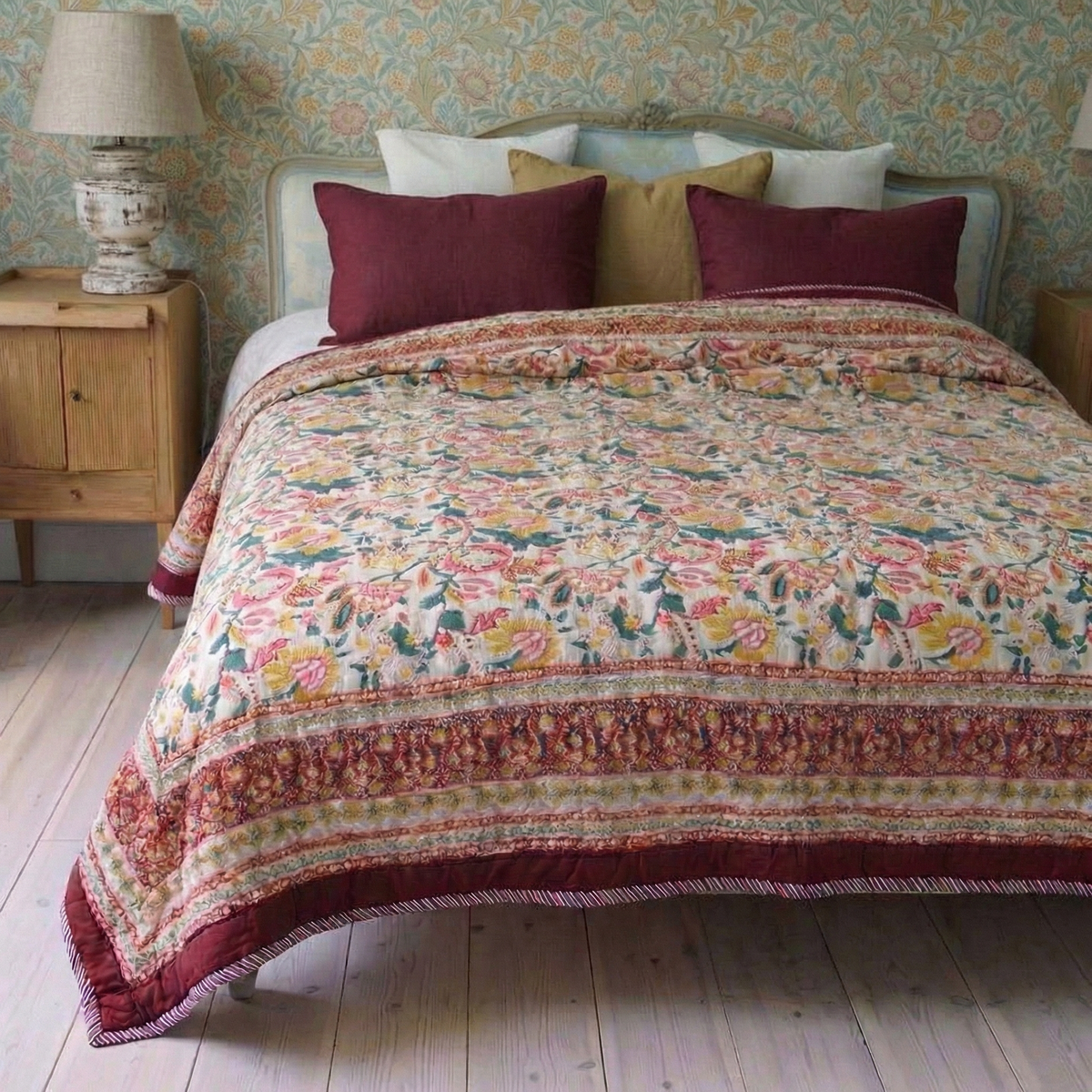 Dark Red, Green & Mustard Floral Print Reverse Quilt/Throw Cotton Filled