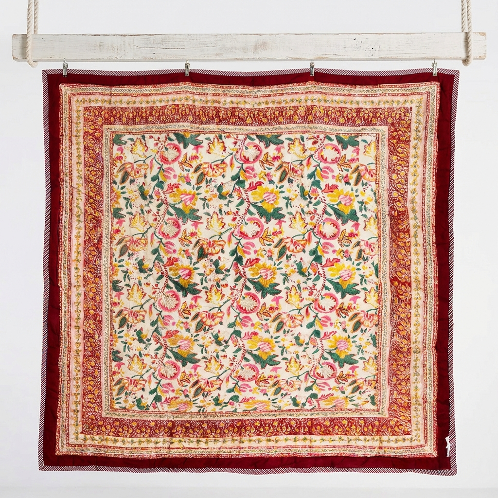 Dark Red, Green & Mustard Floral Print Reverse Quilt/Throw Cotton Filled