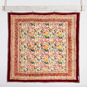 Dark Red, Green & Mustard Floral Print Reverse Quilt/Throw Cotton Filled