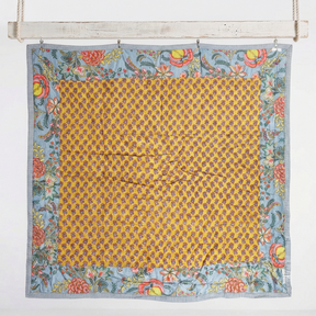 Grey, Coral & Mustard Floral Print Reverse Quilt/Throw Cotton Filled