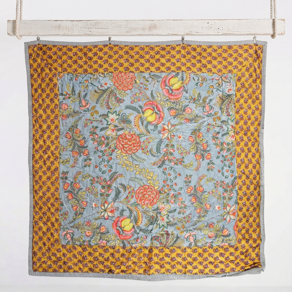 Grey, Coral & Mustard Floral Print Reverse Quilt/Throw Cotton Filled