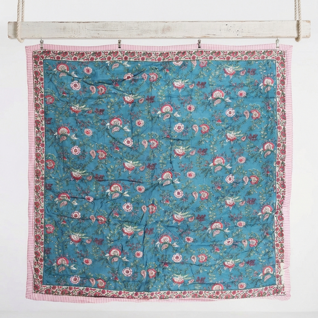 Inky Blue, Pink & Green Mixed Floral & Stripe Print Reverse Quilt/Throw Cotton Filled