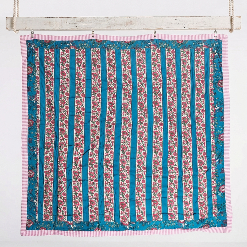 Inky Blue, Pink & Green Mixed Floral & Stripe Print Reverse Quilt/Throw Cotton Filled