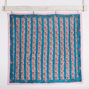 Inky Blue, Pink & Green Mixed Floral & Stripe Print Reverse Quilt/Throw Cotton Filled