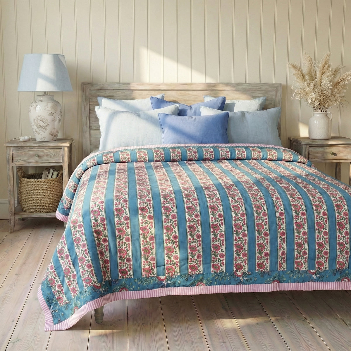 Inky Blue, Pink & Green Mixed Floral & Stripe Print Reverse Quilt/Throw Cotton Filled