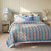 Inky Blue, Pink & Green Mixed Floral & Stripe Print Reverse Quilt/Throw Cotton Filled