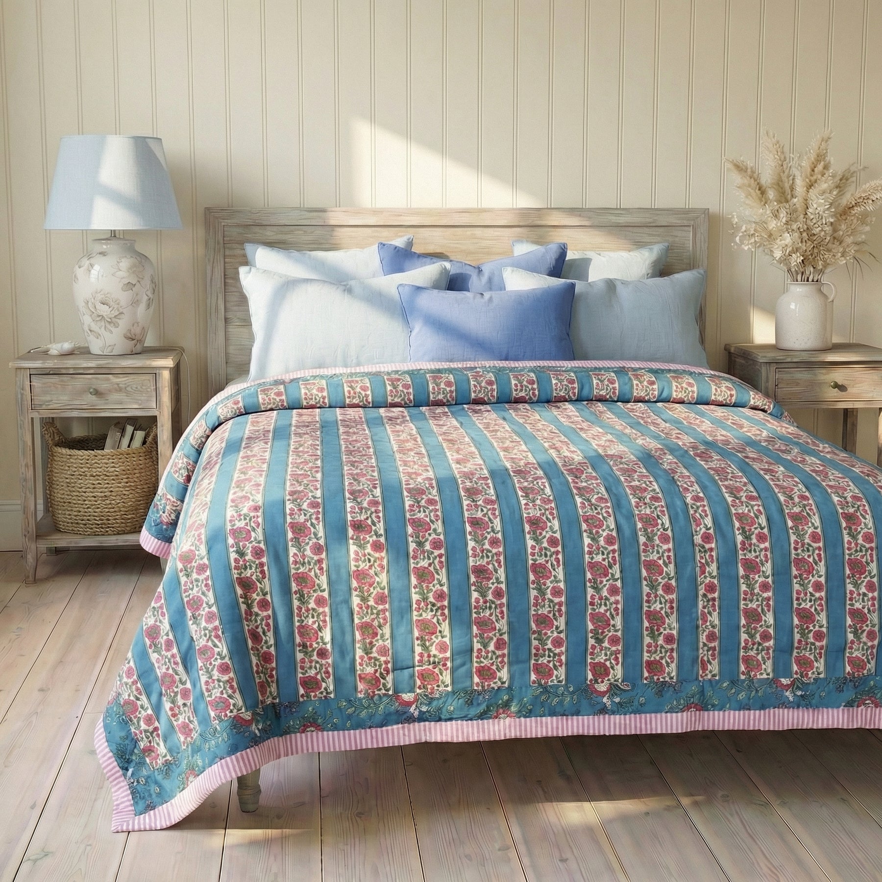 Inky Blue, Pink & Green Mixed Floral & Stripe Print Reverse Quilt/Throw Cotton Filled