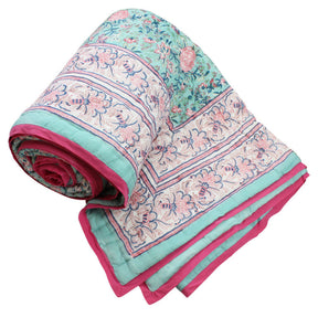 Pale Turquoise, Pink & Navy Floral Print Quilt/Throw Reversible