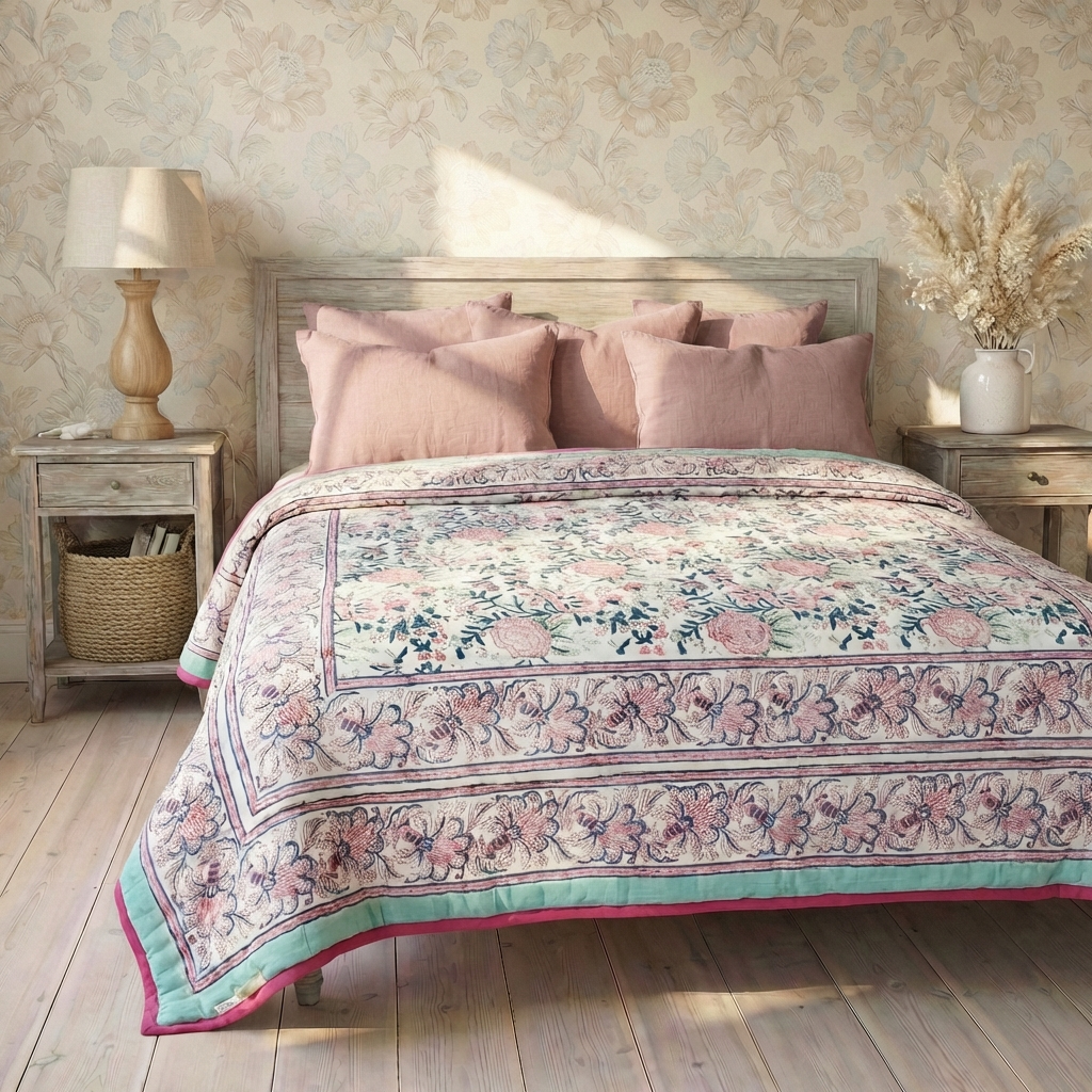 Pale Turquoise, Pink & Navy Floral Print Quilt/Throw Reversible