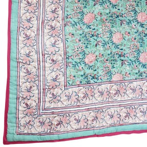 Pale Turquoise, Pink & Navy Floral Print Quilt/Throw Reversible
