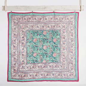Pale Turquoise, Pink & Navy Floral Print Quilt/Throw Reversible