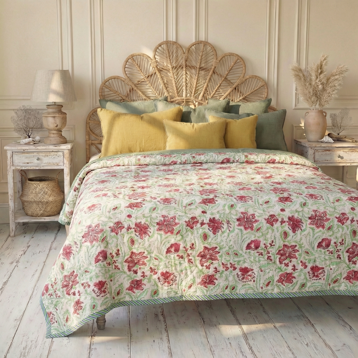 Colourful Large Block Floral With Pink & Green Floral Reverse Quilt/Throw Cotton Filled