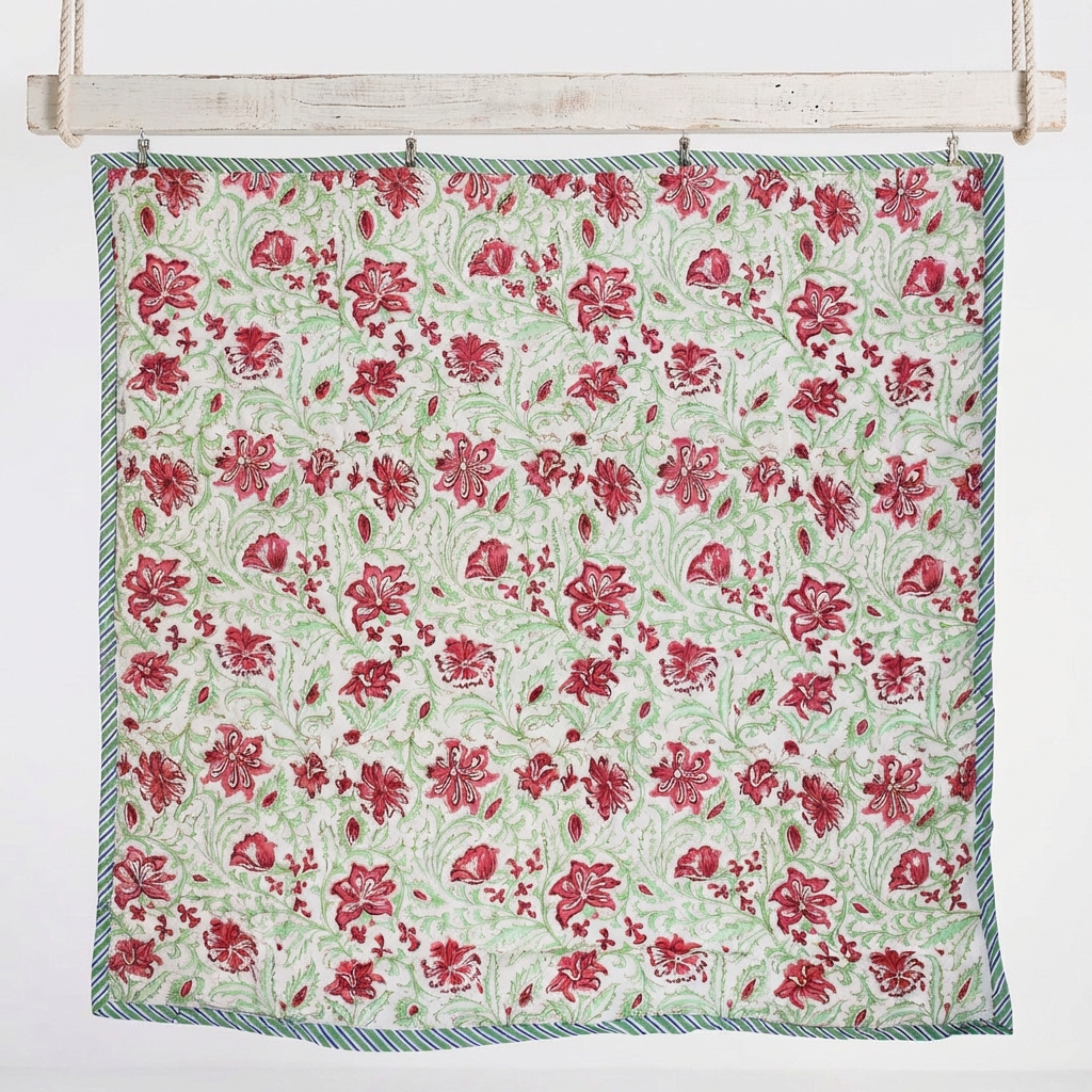 Colourful Large Block Floral With Pink & Green Floral Reverse Quilt/Throw Cotton Filled