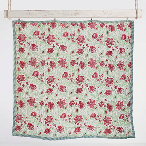Colourful Large Block Floral With Pink & Green Floral Reverse Quilt/Throw Cotton Filled