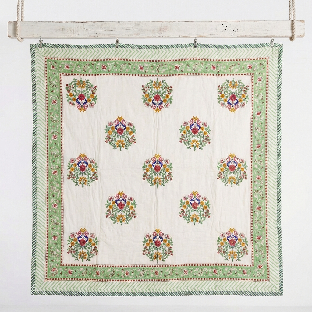 Colourful Large Block Floral With Pink & Green Floral Reverse Quilt/Throw Cotton Filled