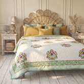 Colourful Large Block Floral With Pink & Green Floral Reverse Quilt/Throw Cotton Filled