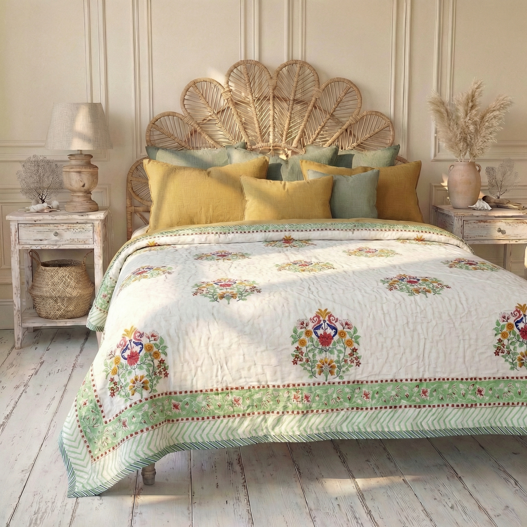 Colourful Large Block Floral With Pink & Green Floral Reverse Quilt/Throw Cotton Filled