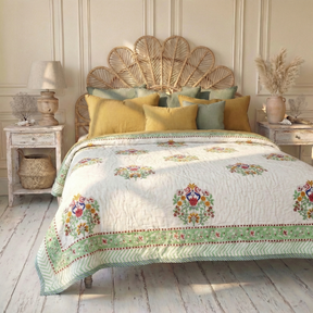 Colourful Large Block Floral With Pink & Green Floral Reverse Quilt/Throw Cotton Filled