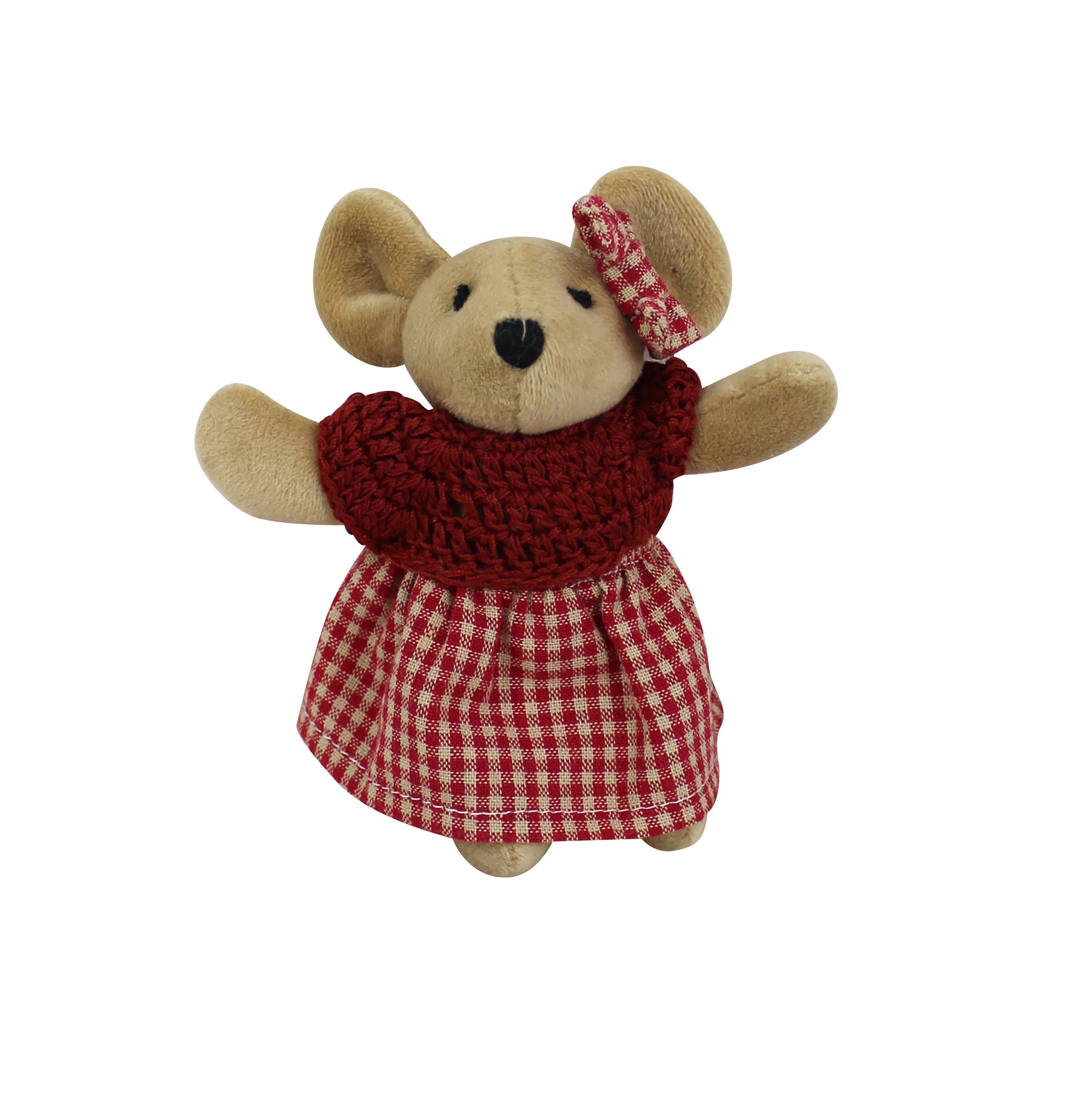 Mini Soft Teddy With Red Gingham Skirt & Hand Knitted Jumper