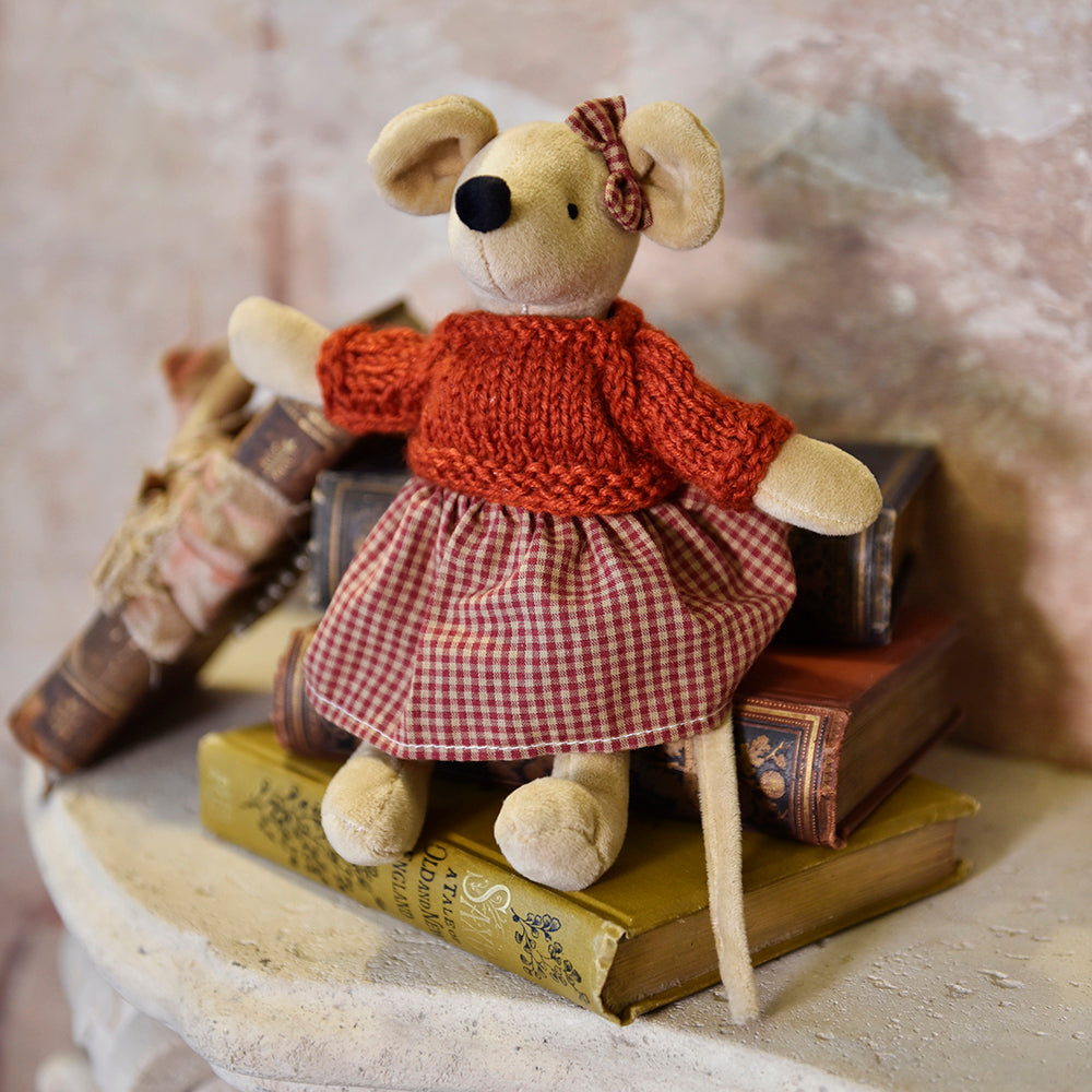 Soft Mouse With Red Gingham Skirt & Hand Knitted Jumper