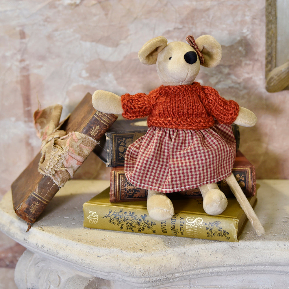 Soft Mouse With Red Gingham Skirt & Hand Knitted Jumper