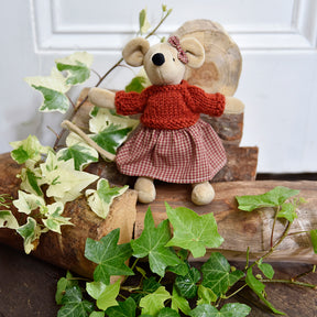 Soft Mouse With Red Gingham Skirt & Hand Knitted Jumper