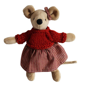 Soft Mouse With Red Gingham Skirt & Hand Knitted Jumper