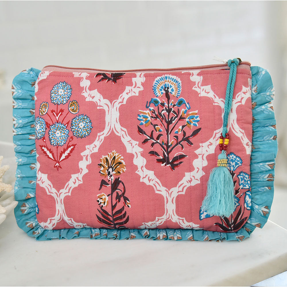 Pink Quilted Make Up Bag With Ruffle Trim