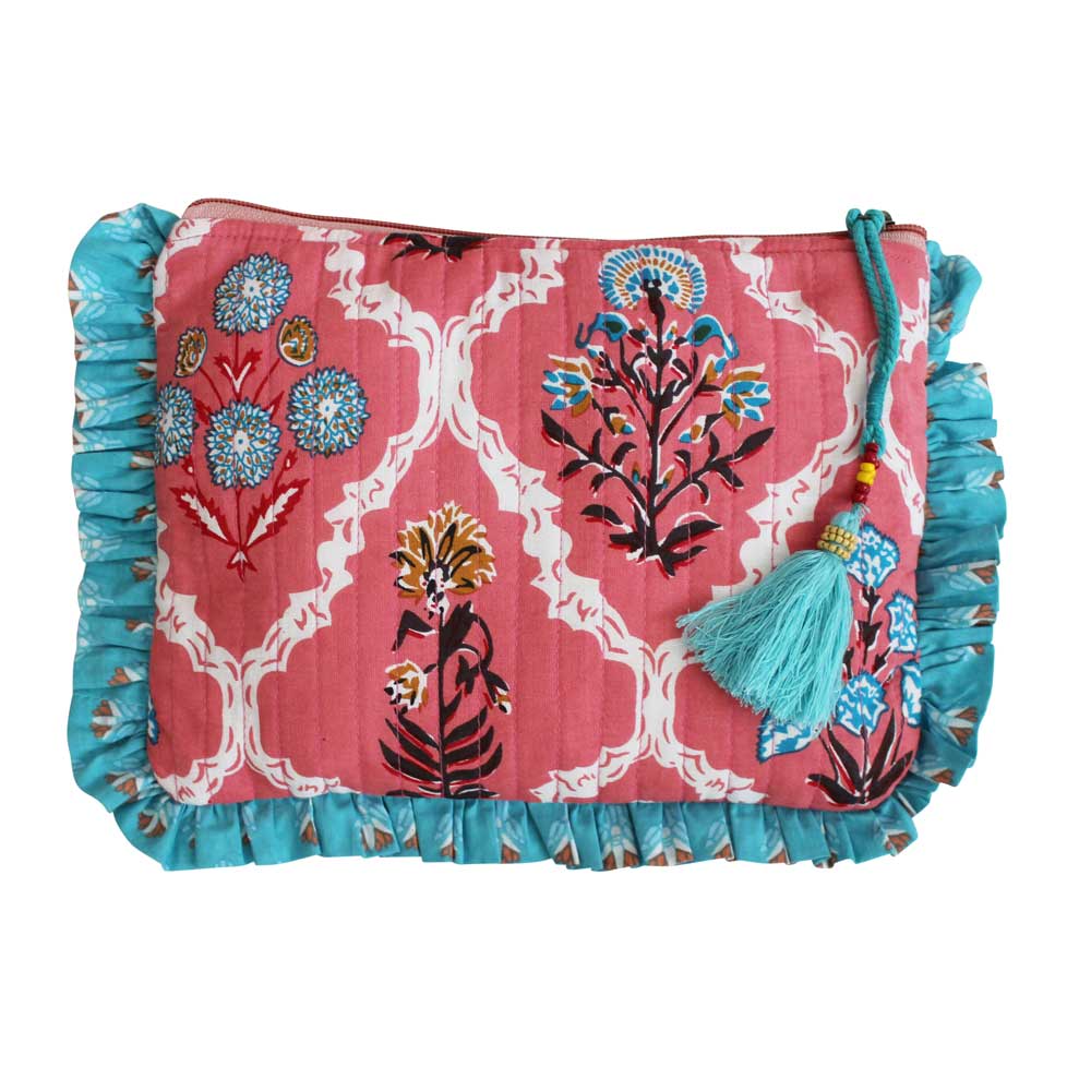 Pink Quilted Make Up Bag With Ruffle Trim