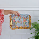 Grey & Coral Quilted Make Up Bag With Mustard Ruffle Trim