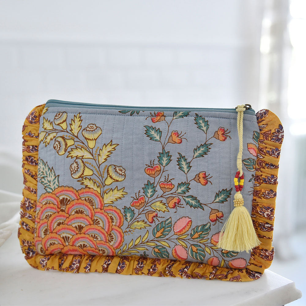 Grey & Coral Quilted Make Up Bag With Mustard Ruffle Trim