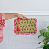 Green Quilted Make Up Bag With Pink Ruffle Trim