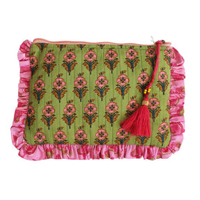 Green Quilted Make Up Bag With Pink Ruffle Trim