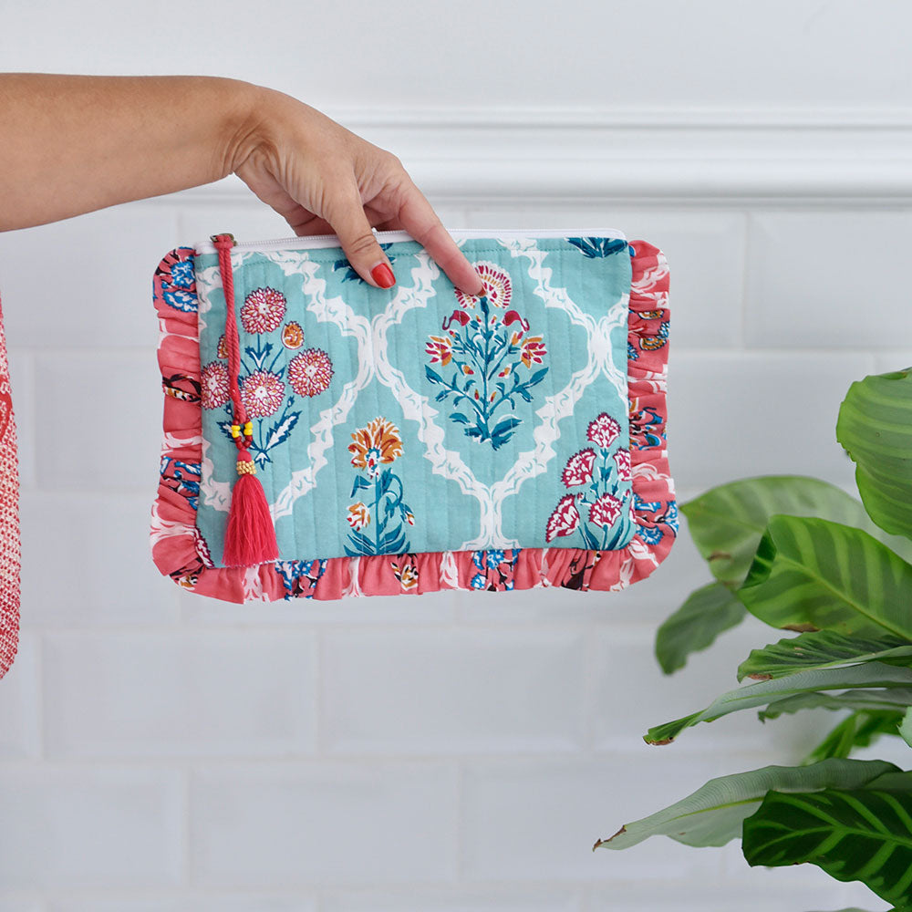 Blue Quilted Make Up Bag With Pink Ruffle Trim