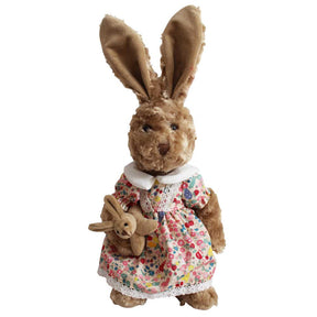 Rabbit Teddy Dressed in Floral Fruit Print Dress Holding Baby Rabbit