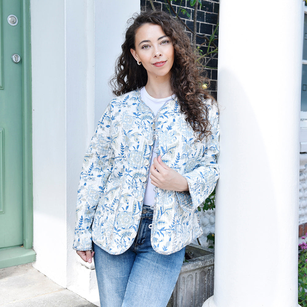 Cornflower Blue Floral Cotton Quilted Reversible Jacket